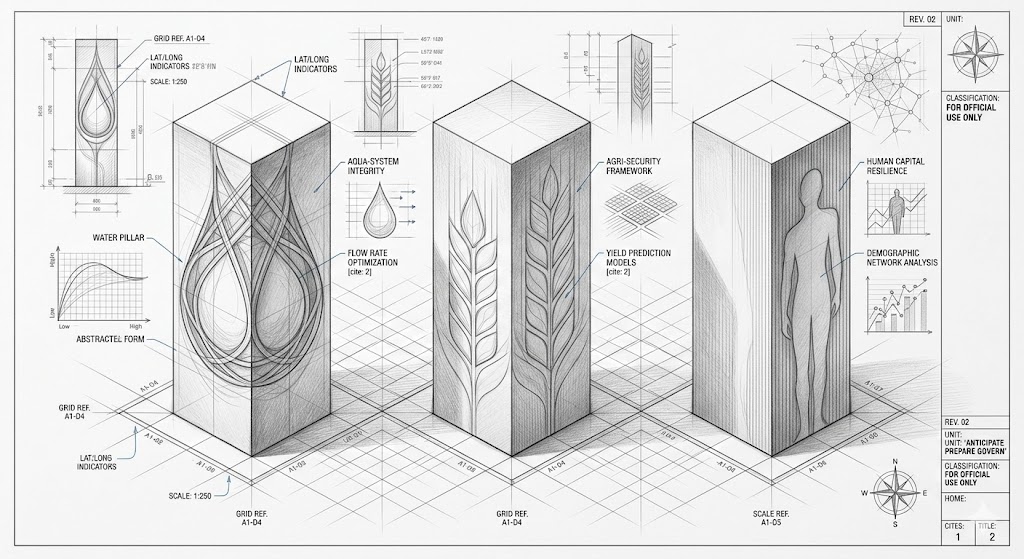 Architectural blueprint illustrating structural continuity for water, agri-security, and human systems.